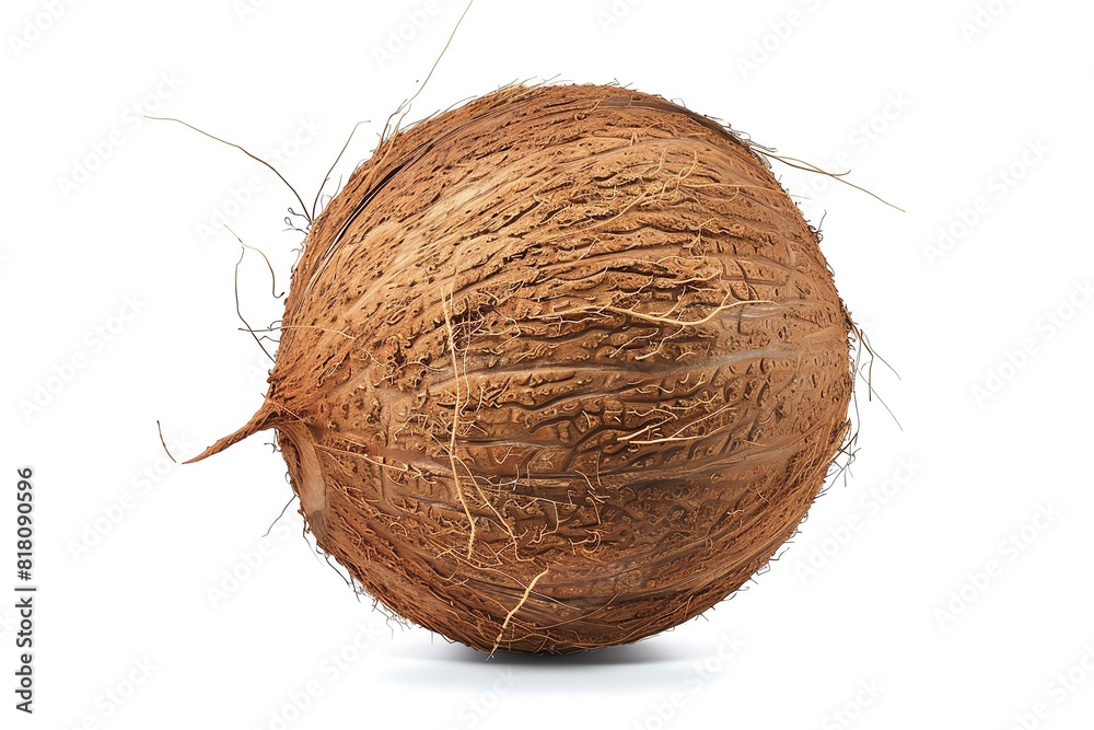 A brown, textured coconut, simple flat design, on white plain background A brown, textured coconut, simple flat design, on white plain background