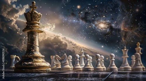 Majestic Golden Chess King Towering Over a Cosmic Sea of Ivory Pawns Generative ai