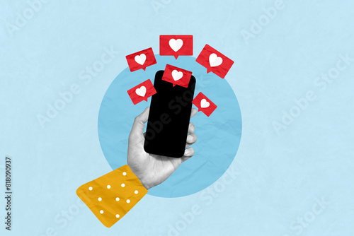 Creative art collage of Mobile phone with blank screen and red heart. Concept of send message encouraging,donate, love, valentine's day