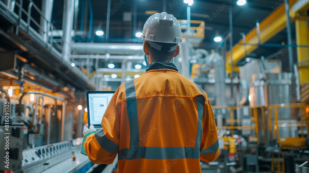 person from behind, wearing a safety helmet and an orange high-visibility jacket, holding laptop, standing in an industrial setting with large metallic structures and machinery in a plant environment person from behind, wearing a safety helmet and an orange high-visibility jacket, holding laptop, standing in an industrial setting with large metallic structures and machinery in a plant environment