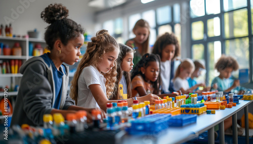 a side view of students working on a hands-on science experiment, with the teacher supervising and offering tips, Students, teachers, science projects, homework, with copy space