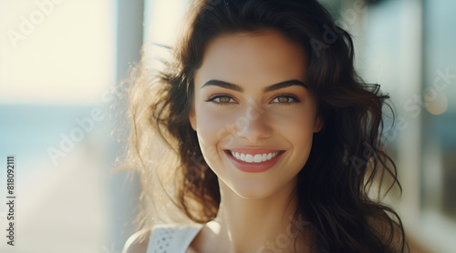 Big bright white smile headshot with a beautiful brunette woman sincere happy cheerful positive expression