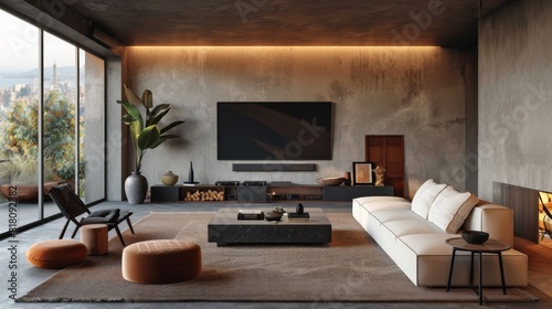 Detailed view of a minimalist living room with a floating TV unit, sleek furniture, and neutral tones
