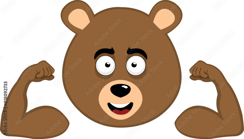 Obraz premium vector illustration face brown grizzly bear cartoon showing the biceps of his arms with a happy expression