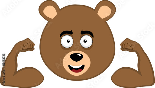vector illustration face brown grizzly bear cartoon showing the biceps of his arms with a happy expression
