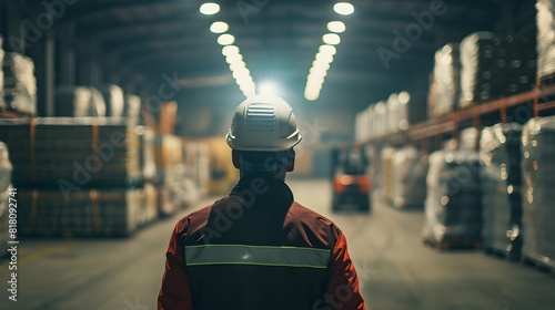 Warehouse Worker donning Safety Helmet and Headlamp strolls at Eye Level amid Logistic Center with Forklift in Background Generative ai photo