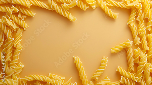 Frame made of raw pasta on color background