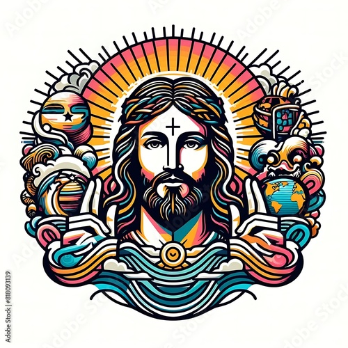 A colorful illustration of a jesus christ with a beard illustration art realistic.