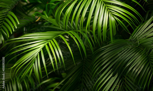 A vibrant and lush background of tropical palm leaves, perfect for use in nature-themed designs, tropical party invitations, or as a relaxing desktop wallpaper.