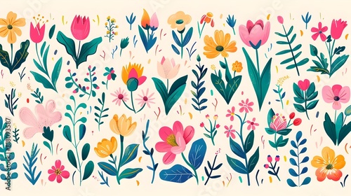 Vibrant Hand Drawn Floral Doodle Collection for Seamless Patterns and Backgrounds Generative ai photo