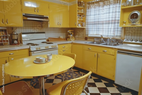 Vintage 1960s kitchen with yellow cabinetry and a cozy breakfast nook