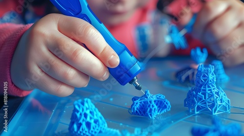 Kid hands holding blue 3d printing pen