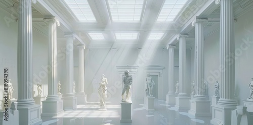 White marble statues and sculptures in an empty museum room with columns, ambient light from above, modern design furniture, high resolution, photorealistic, photo