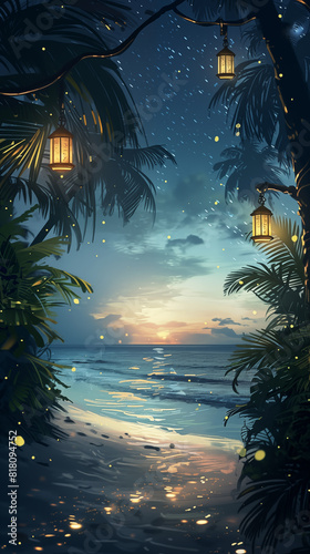 Tropical night beach scene with palm trees, lanterns, and moonlight reflecting on water