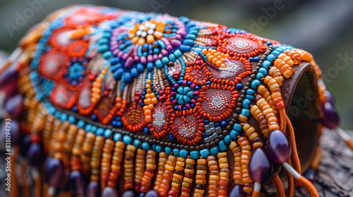close uo of traditional colourful bead work by native americans, handy crafts,indigenous people