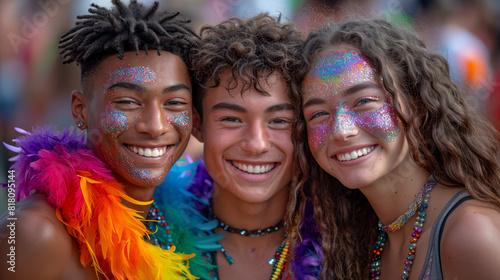 Three joyful young friends adorned with glitter and colorful accessories, smiling brightly at a Pride event, celebrating diversity and inclusivity