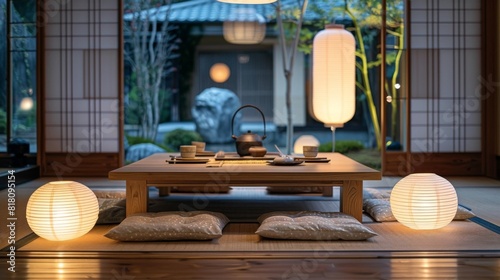 Detailed view of a modern Japanese dining area with a traditional low table  floor cushions  and paper lanterns