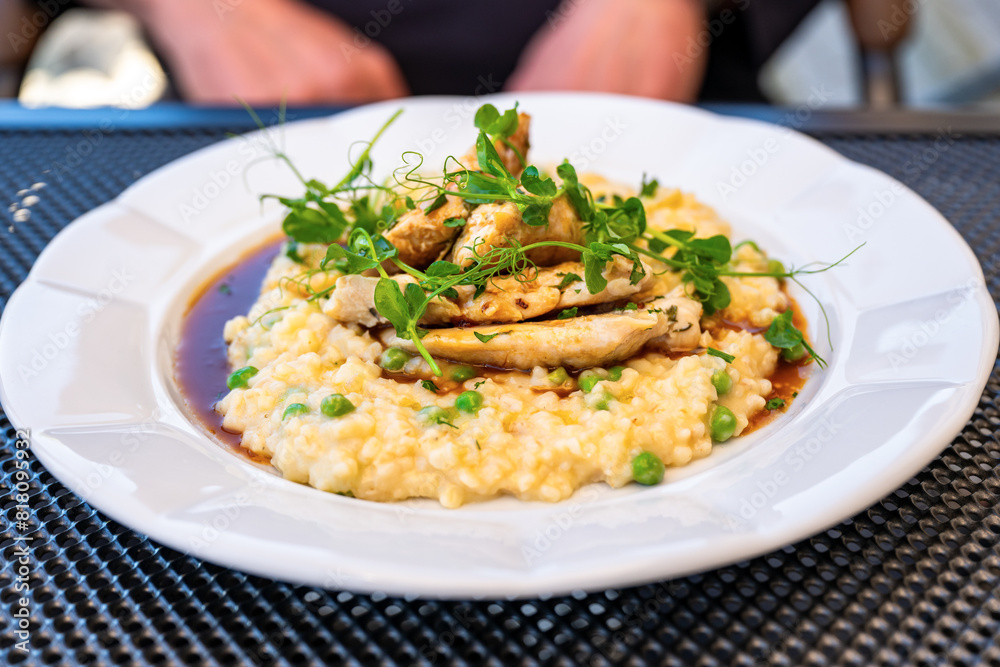Italian risotto with chicken breast,pea and sprouted pea on white plate . Italian risotto with chicken breast,pea and sprouted pea on white plate .