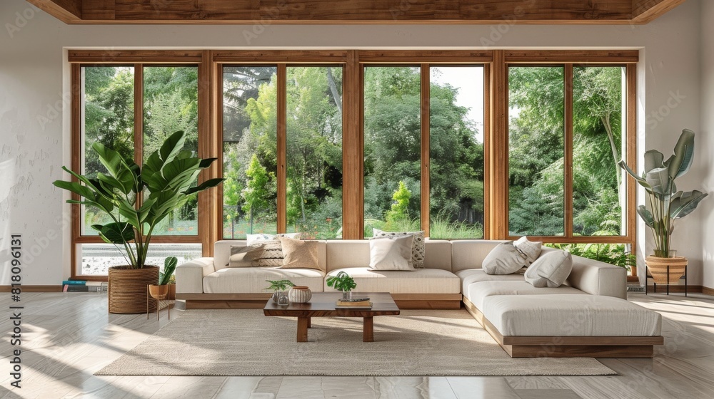 Detailed view of a modern living room with a clean, minimalist design, wooden accents, and plenty of natural light Detailed view of a modern living room with a clean, minimalist design, wooden accents, and plenty of natural light