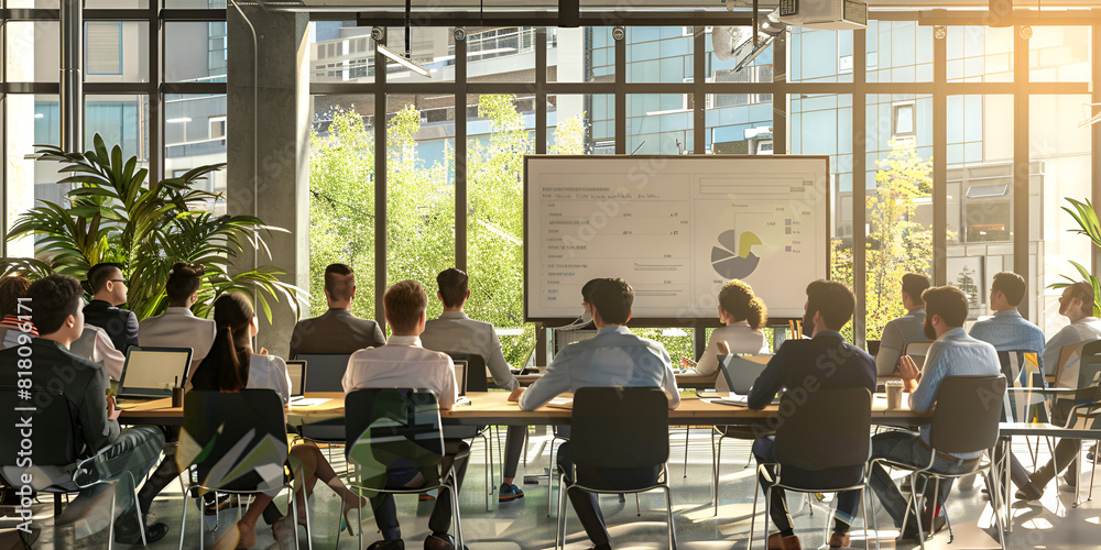 Obraz premium People sitting at conference table in front of projector screen