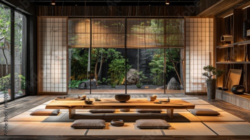 Dining room with a Japanese-inspired design, featuring tatami mats, a low-profile table, and shoji screens photo