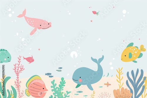 Cheerful Underwater Cartoon Friends: Dolphins, Fishes, and Bubbles Illustration