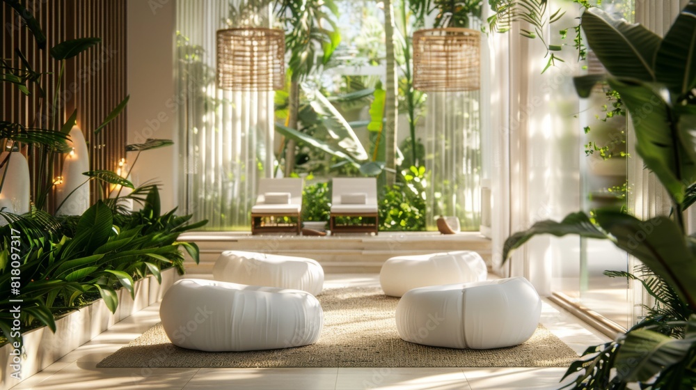 Modern lounge with white cushions and glass walls bathed in natural light, surrounded by lush greenery on a summer afternoon.
