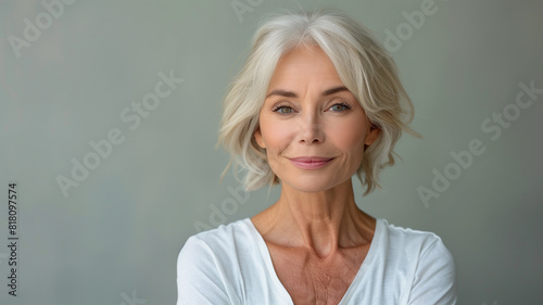 A stylish senior woman with short gray hair and a red scarf smiles warmly  dressed in a white blouse  showcasing confidence and elegance.