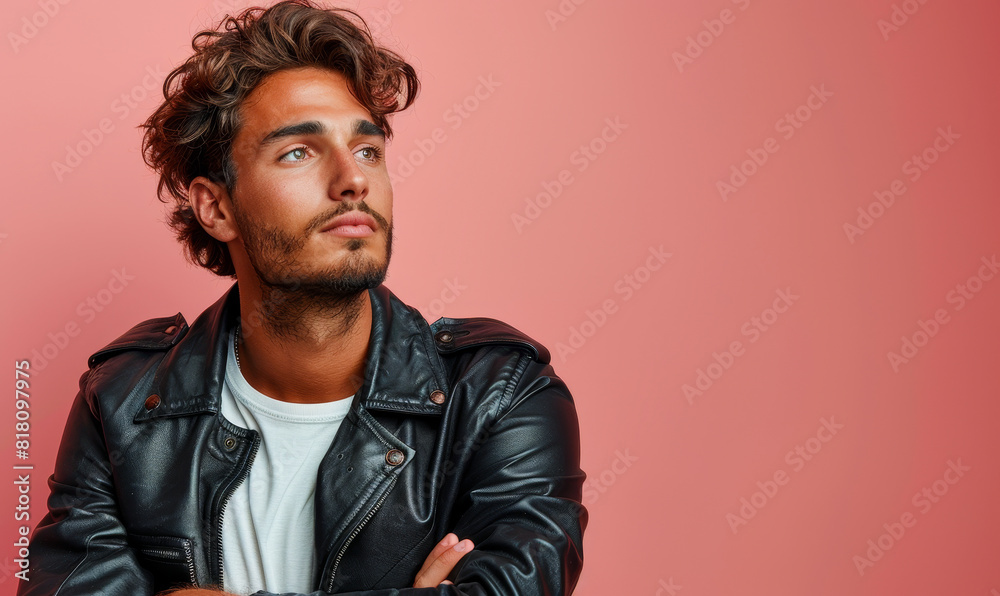 Confident Young Arab Man in Leather Jacket Looking Away with Arms Crossed Against Pink Background Confident Young Arab Man in Leather Jacket Looking Away with Arms Crossed Against Pink Background