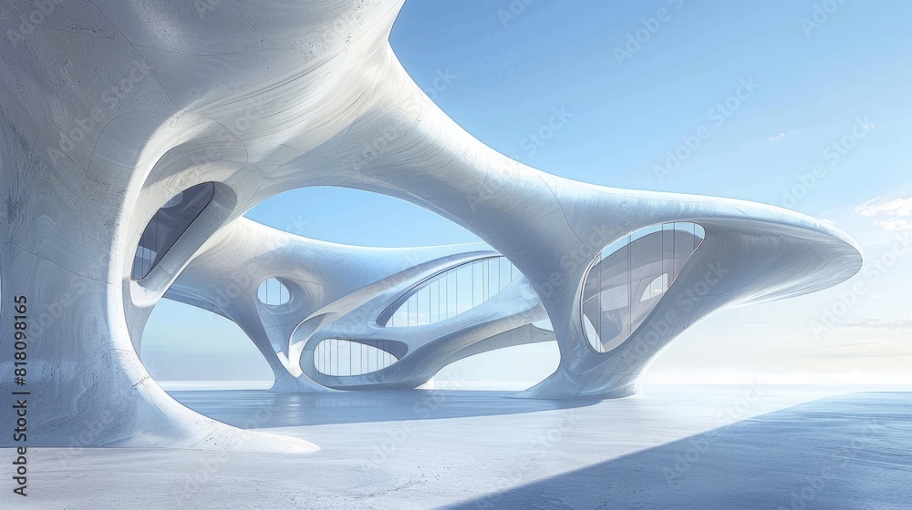 a futuristic architectural structure with smooth, curved lines and glass elements. a futuristic architectural structure with smooth, curved lines and glass elements.
