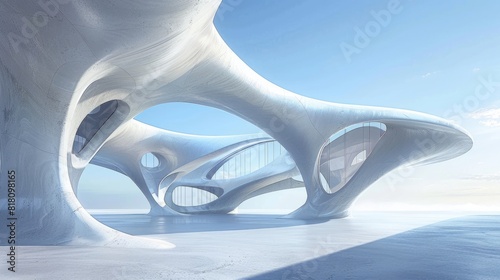 a futuristic architectural structure with smooth, curved lines and glass elements.  photo