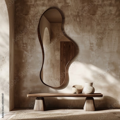 Organic shaped asymmetrical mirror with a wooden frame on the wall in front of the bench, wabi sabi interior design