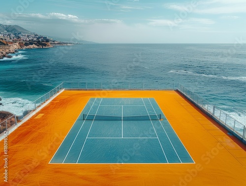 Aerial Drone View of a Minimalist Yellow Tennis Court Overlooking the Serene Beach and Sunlit Coastline. Tranquil 4K Wallpaper for Sports  Nature  and Relaxation.