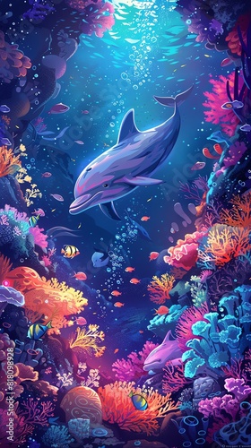 A beautiful dolphin swims through a vibrant coral reef  surrounded by colorful fish.