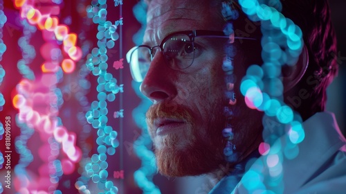 Double exposure of a lab technician examining DNA, combined with financial charts and business strategies photo