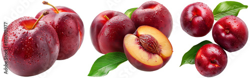 Juicy fresh nectarines bundle, top down and front view, whole fruit and cut in halfs, isolated on a transparent background