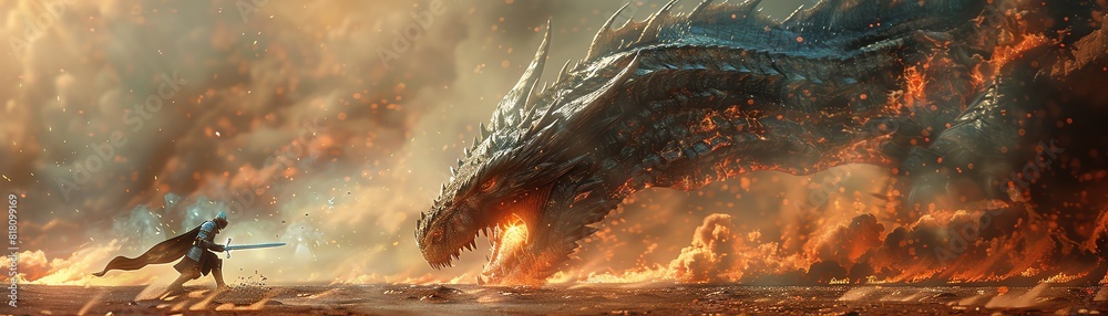 Obraz premium A knight fighting a dragon with the flames of hell in the background.