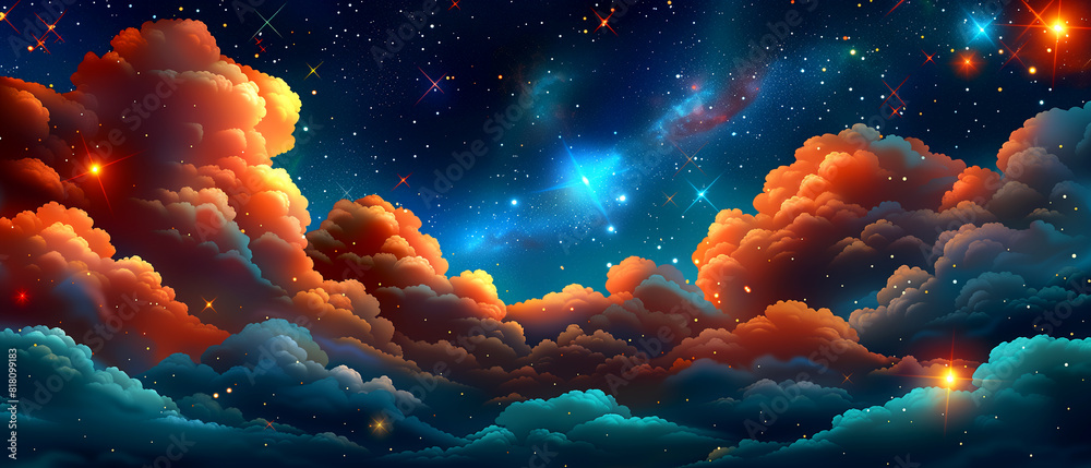 A beautiful night sky with a large cloud of orange and blue A beautiful night sky with a large cloud of orange and blue