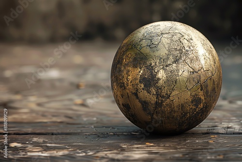 A golden sphere sits on a wooden surface. The sphere is old and weathered  with a rough surface.