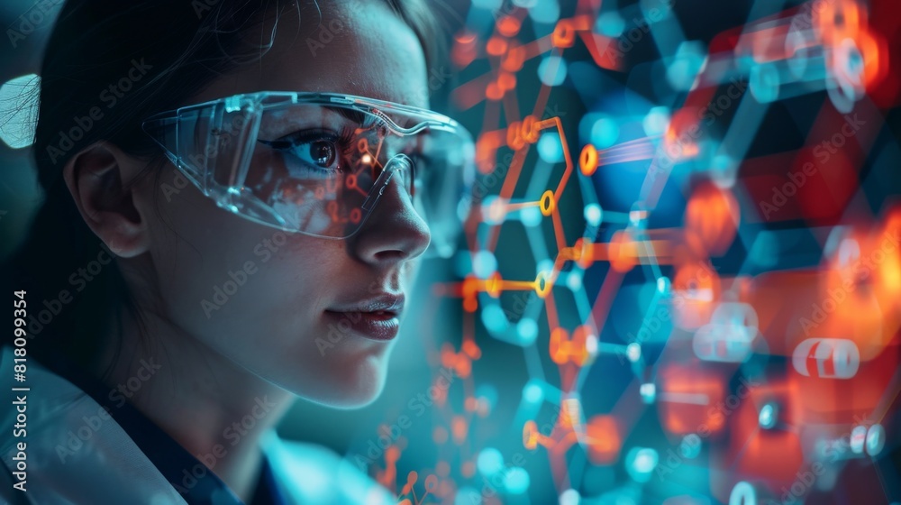 Double exposure of a lab technician with digital molecular structures and financial graphs Double exposure of a lab technician with digital molecular structures and financial graphs