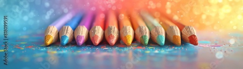 Color pencils on a blue table with a rainbow background. photo