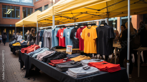 Freshers Fair Stall Displaying Colorful T-Shirts and Apparel Outdoors photo