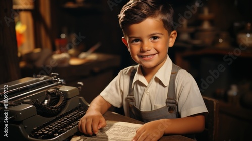 Happy Young Boy with Typewriter in Cozy Retro Setting