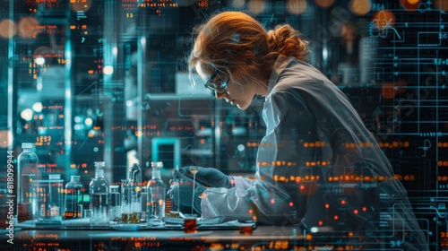 Double exposure of a scientist preparing samples, combined with financial reports and investment charts