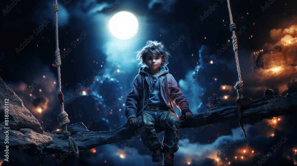 Fototapeta premium Adventurous Teen Boy Sitting on a Swing with a Magical Night Sky Background