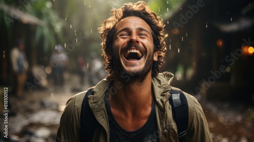 Happy Man Standing On Road Laughing in Front of Trees On A Rainy Day