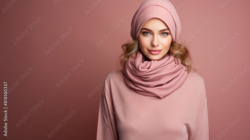 Happy Young Woman in Pink Hijab with Confident Smile on Pink Background Happy Young Woman in Pink Hijab with Confident Smile on Pink Background