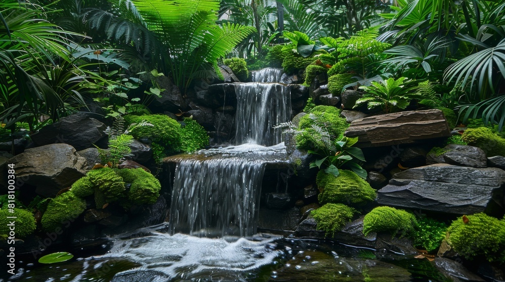 forest garden with a small waterfall, mossy rocks, and dense plantings forest garden with a small waterfall, mossy rocks, and dense plantings