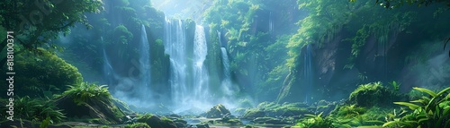The image is a beautiful landscape of a waterfall in a forest