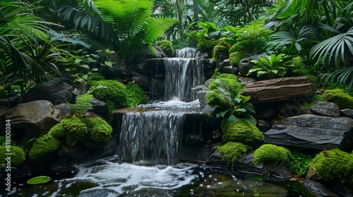 forest garden with a small waterfall  mossy rocks  and dense plantings